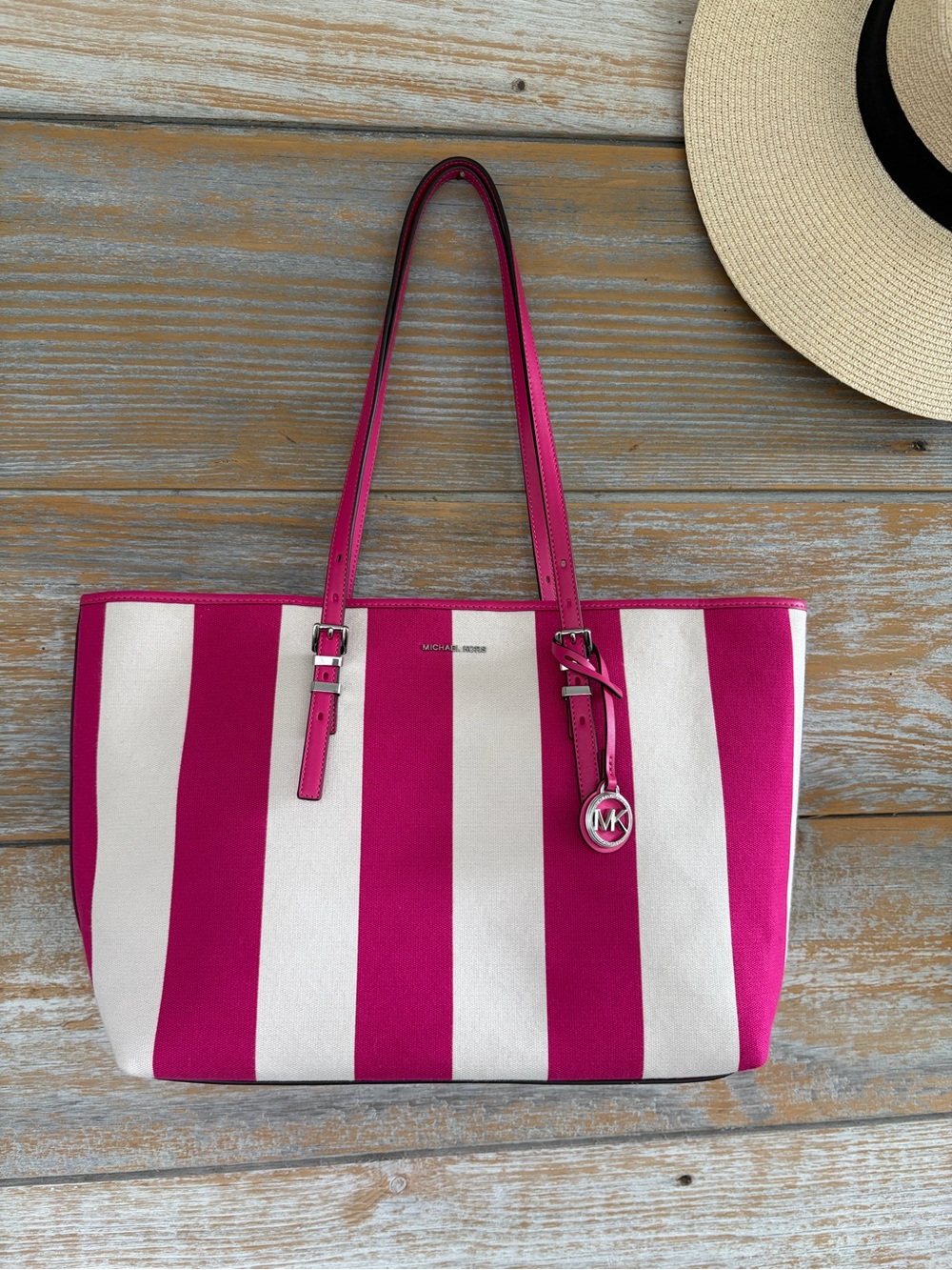 Michael Kors Fuchsia and White Striped Tote Bag